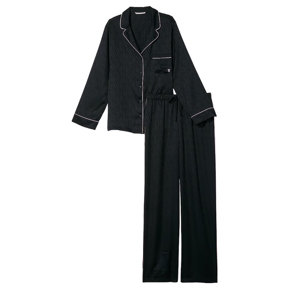 NEW VICTORIA'S SECRET Satin Long Pajama Set Satin Jacquard Black Logo Jacquard - Picture 3 of 4